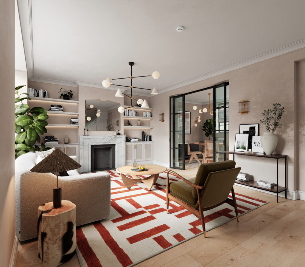 A living room with a sofa and a white and brown rug