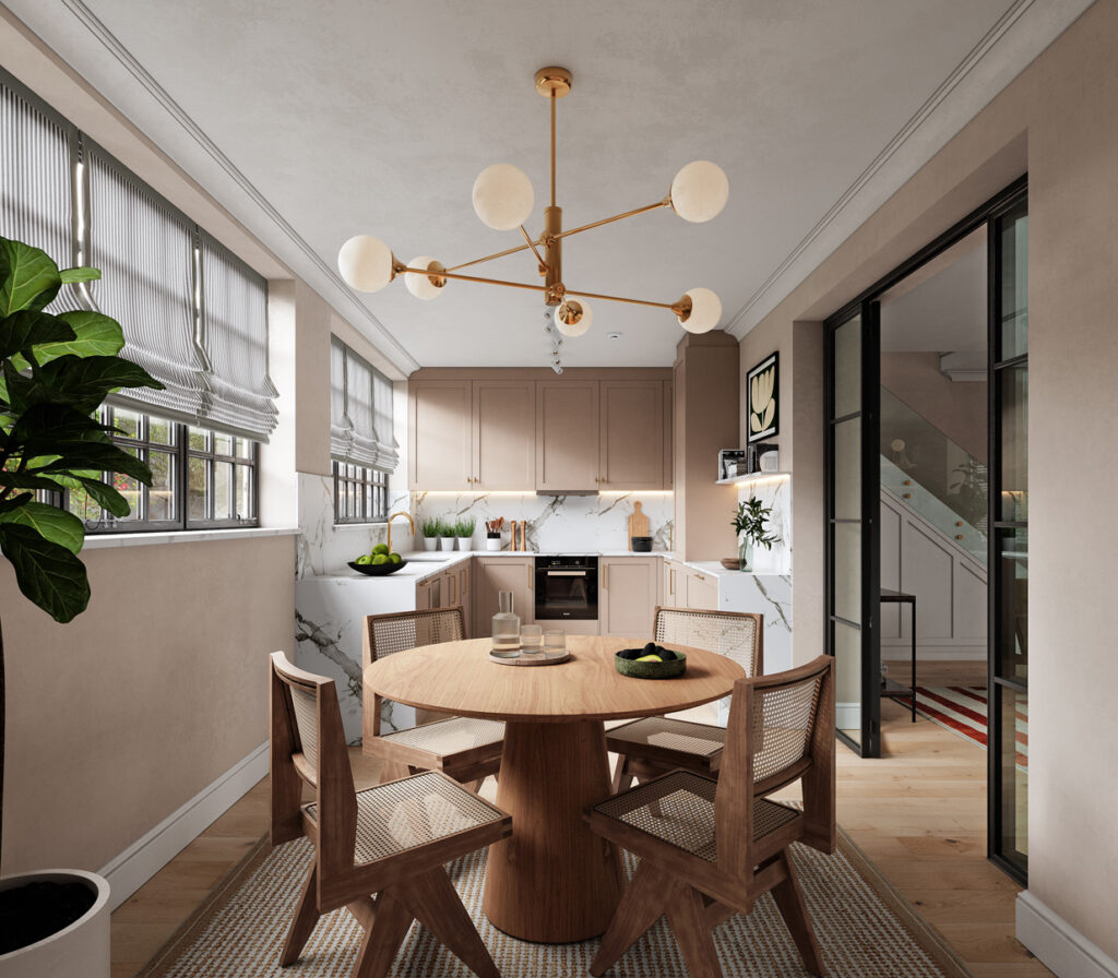 A dining room with a wooden table and chairs