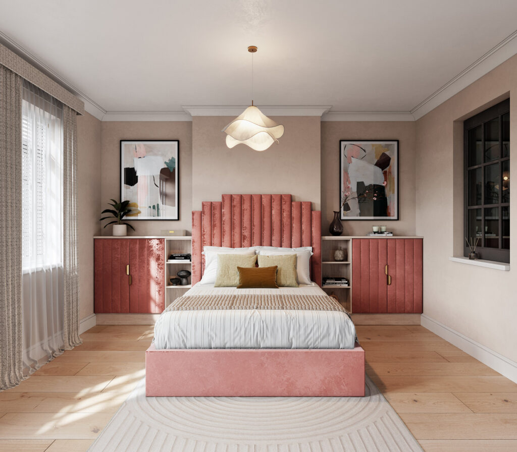A bedroom with pink furniture