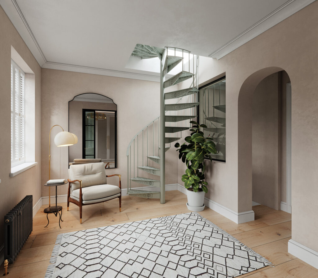 A room with a spiral staircase and a chair