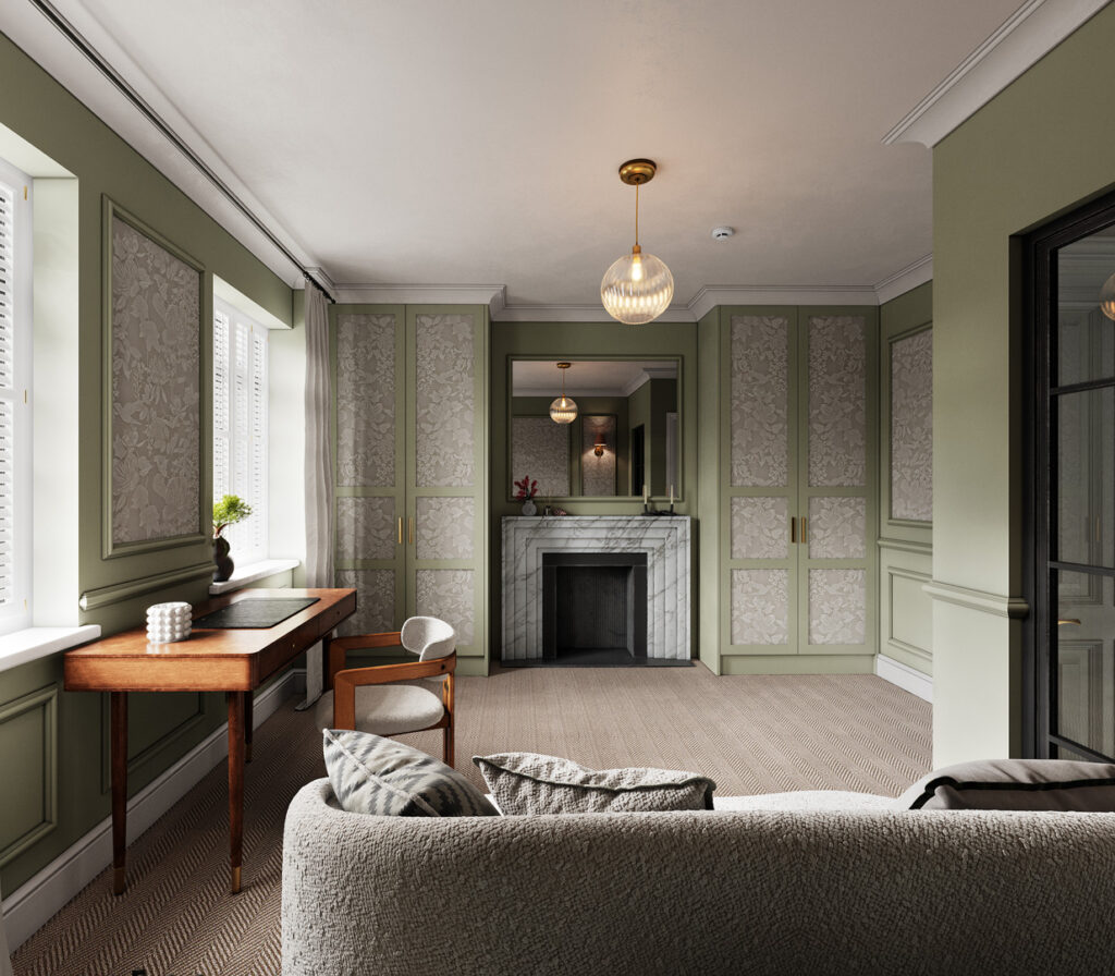 A room with a fireplace and a sofa