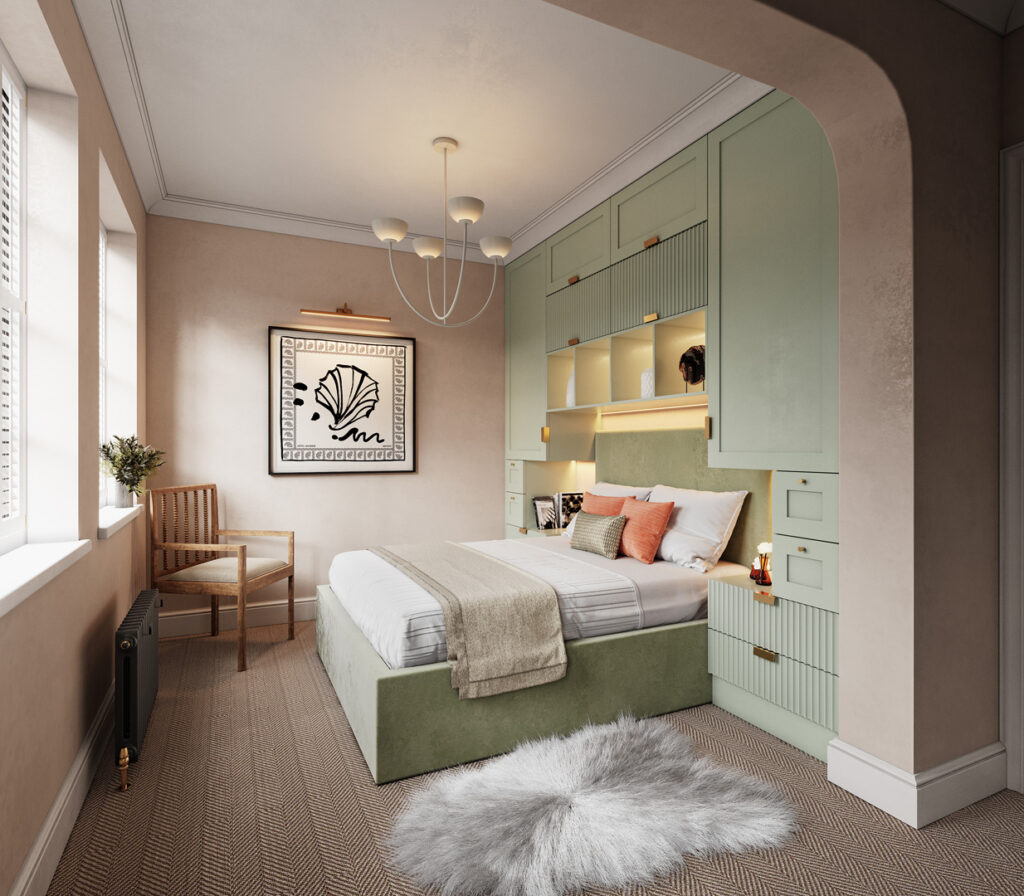 A bedroom with a bed, green furniture and a rug