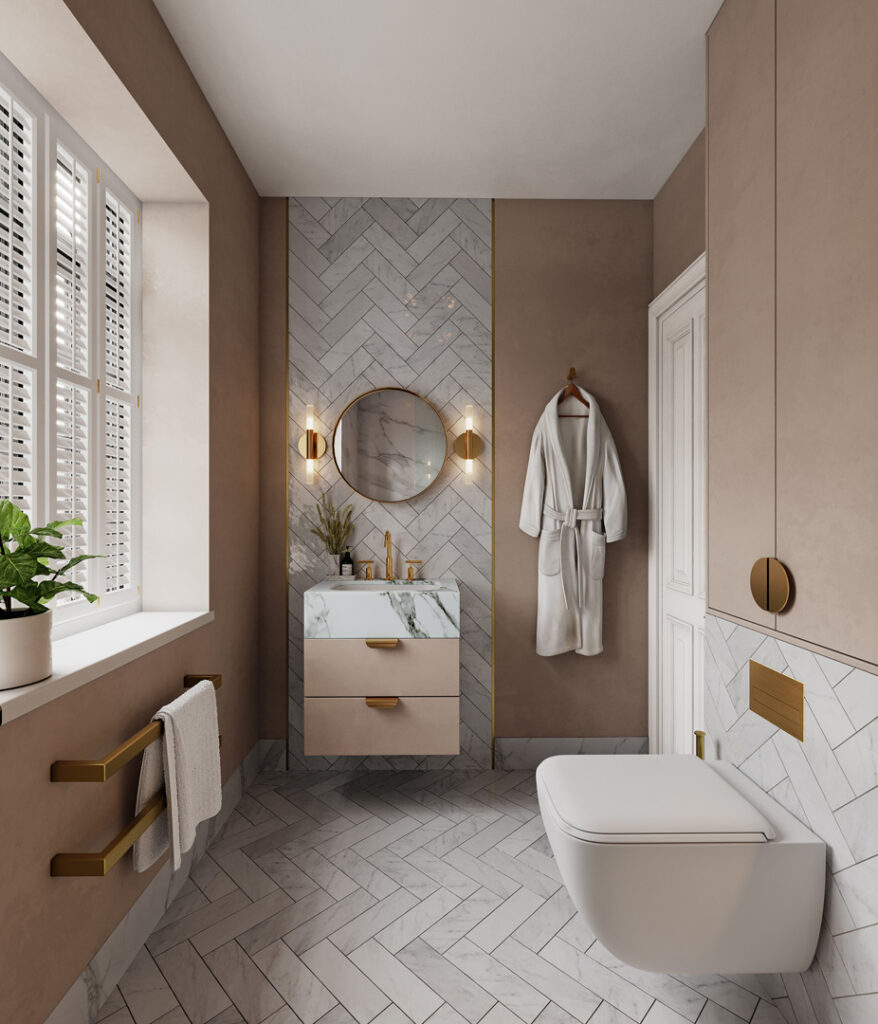 A white bathroom and gold details