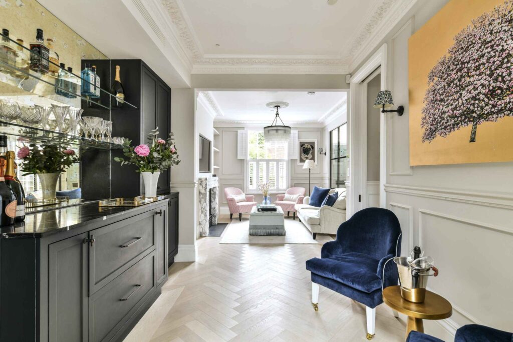 A living room with blue chair